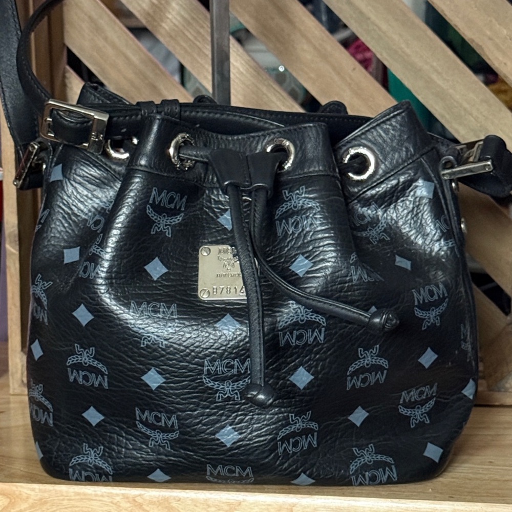 MCM Black and Gray Leather Bucket Shoulder Bag